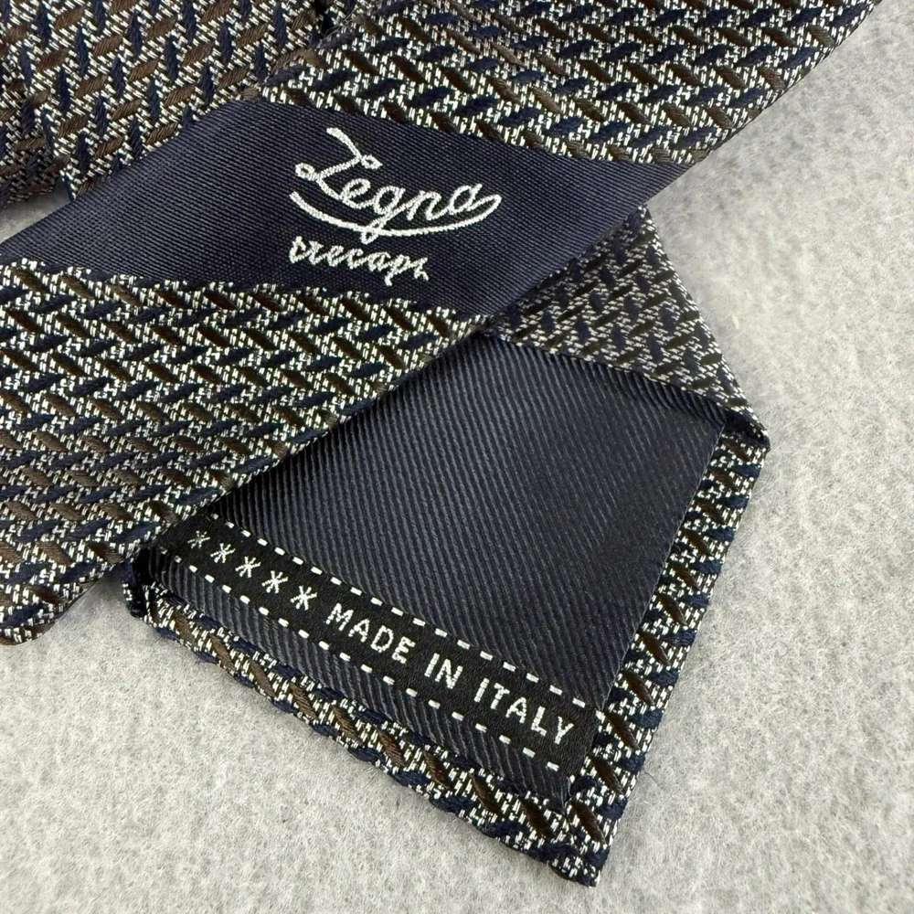 Ermenegildo Zegna Mens Silk Tie Navy Blue Brown Geometric Made in‎ Italy Luxury